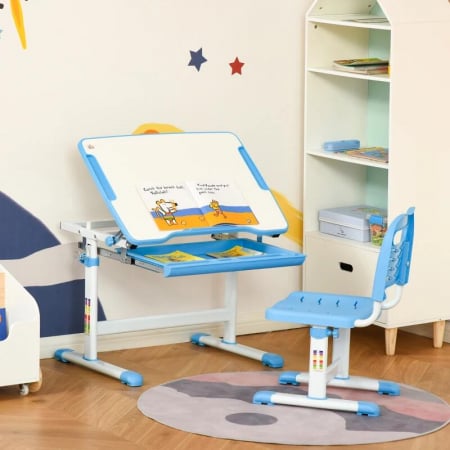 Birou cu scaun pentru copii 6-12 ani, banca scoala, inaltime reglabila, PP, MDF, otel, blat cu inclinare, albastru [2]
