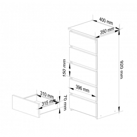 Comoda, placa laminata, 5 sertare, alb, 40x35x92 cm [3]