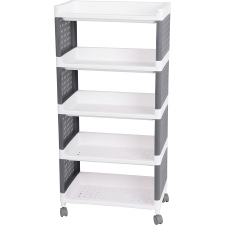Comode - Comoda/raft plastic, MagicHome, pe roti, 5 polite, gri si alb, max 25 kg, 49x29x97 cm