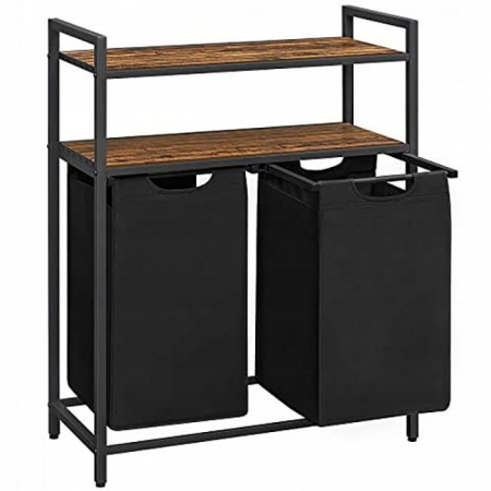 Mobilier baie - Dulap baie, Artool, placa MDF, cadru otel, 2 compartimente rufe, 2 rafturi, maro rustic si negru, 73x33x91 cm