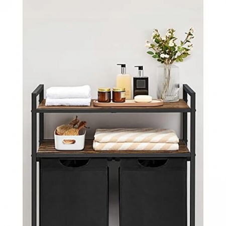 Dulap baie, Artool, placa MDF, cadru otel, 2 compartimente rufe, 2 rafturi, maro rustic si negru, 73x33x91 cm [2]