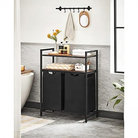 Dulap baie, Artool, placa MDF, cadru otel, 2 compartimente rufe, 2 rafturi, maro rustic si negru, 73x33x91 cm [5]