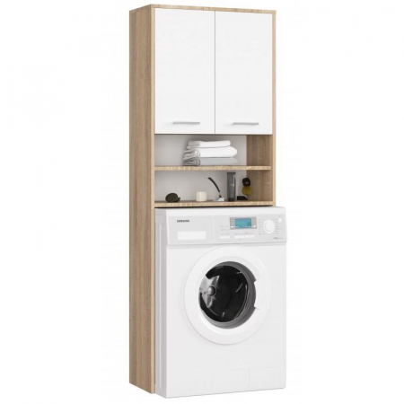 Mobilier baie - Dulap baie cu loc pentru masina de spalat, placa laminata, 4 rafturi, 2 usi, stejar si alb, 64x30x180 cm