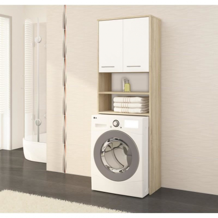 Dulap baie cu loc pentru masina de spalat, placa laminata, 4 rafturi, 2 usi, stejar si alb, 64x30x180 cm [2]