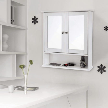 Dulap baie, suspendat, MDF, cu oglinda, 3 rafturi, 2 usi, alb, 56x13x58 cm, Artool [2]
