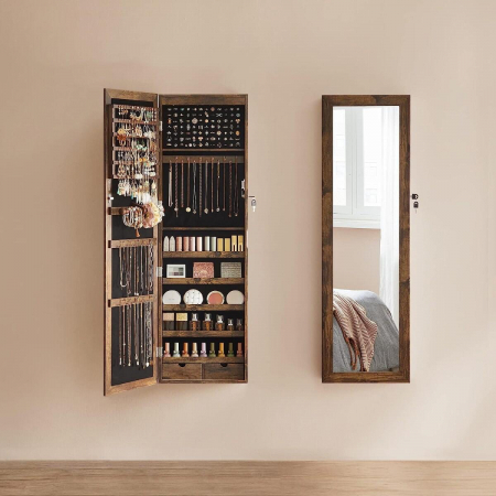 Dulap de perete cu oglinda pentru bijuterii, Artool, MDF, raft inferior, maro rustic, 37x10x120 cm [5]