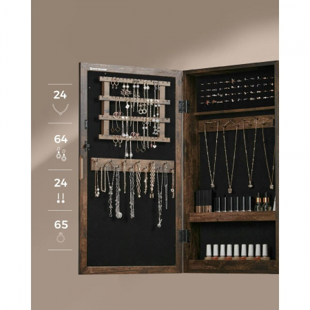Dulap de perete cu oglinda pentru bijuterii, Artool, MDF, raft inferior, maro rustic, 37x10x67 cm [4]