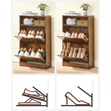 Dulap pentru depozitare incaltaminte, pantofar, Artool, pal, maro rustic, 2 sertare, 1 raft, 60x24x102 cm [4]