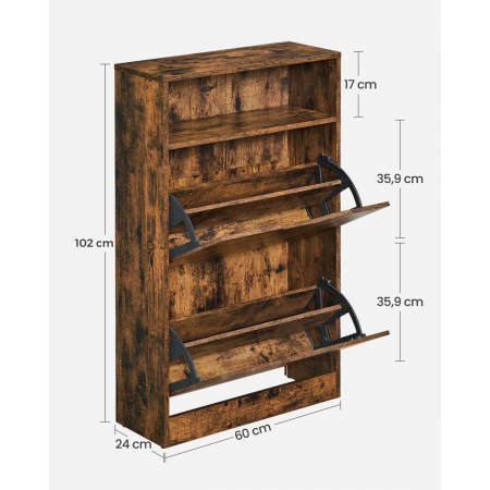 Dulap pentru depozitare incaltaminte, pantofar, Artool, pal, maro rustic, 2 sertare, 1 raft, 60x24x102 cm [3]