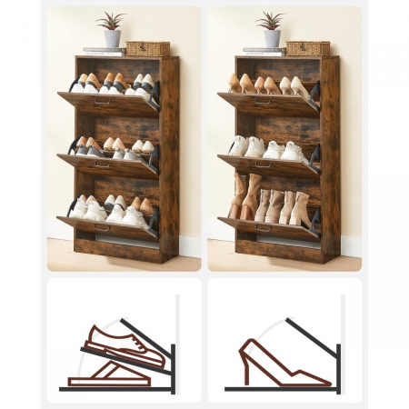 Dulap pentru depozitare incaltaminte, pantofar, Artool, pal, maro rustic, 3 sertare, 60x24x102 cm [4]