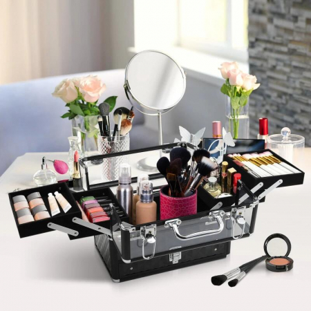 Geanta pentru cosmetice/accesorii baie, aluminiu, 6 compartimente, neagra, 26x9x22.5 cm [7]