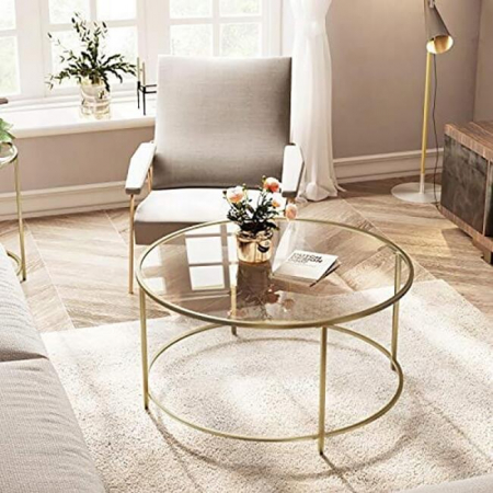 Masa de cafea, Artool, cu raft depozitare din sticla, rotunda, otel, auriu, 84x45.5 cm [3]