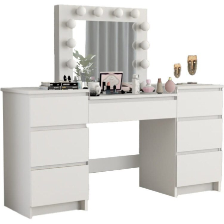 Mese de machiaj - Masa de toaleta/machiaj, alb, cu oglinda si LED-uri, Antonia, 155x42x135 cm