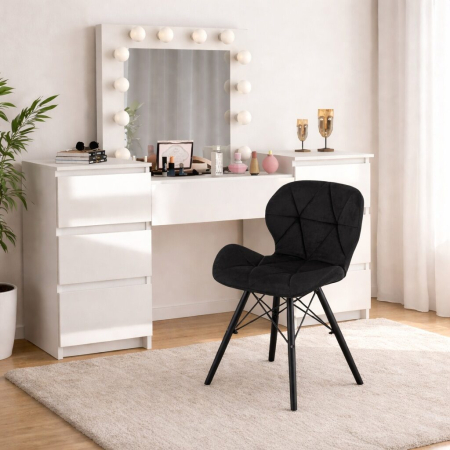 Mese de machiaj - Masa de toaleta/machiaj, Antonia, alba, sertare lucioase + scaun Lago, negru, cu oglinda si LED-uri, 155x42x135 cm