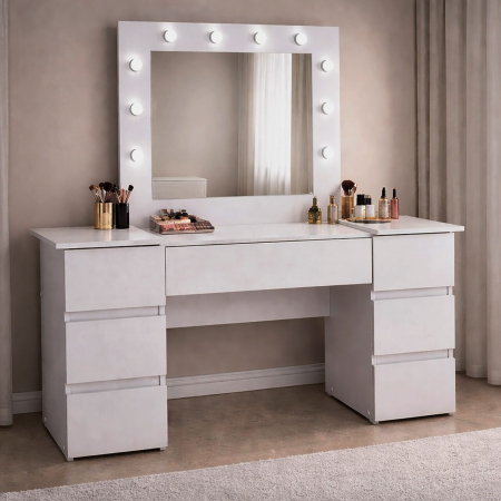 Mese de machiaj - Masa de toaleta/machiaj, Antonia, gri deschis, cu oglinda si LED-uri, 155x42x135 cm