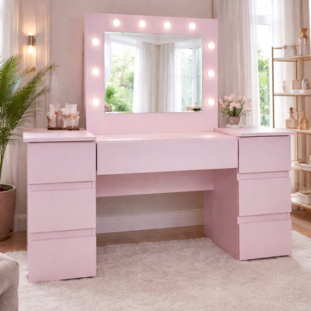 Mese de machiaj - Masa de toaleta/machiaj, Antonia, roz, cu oglinda si LED-uri, 155x41x137 cm