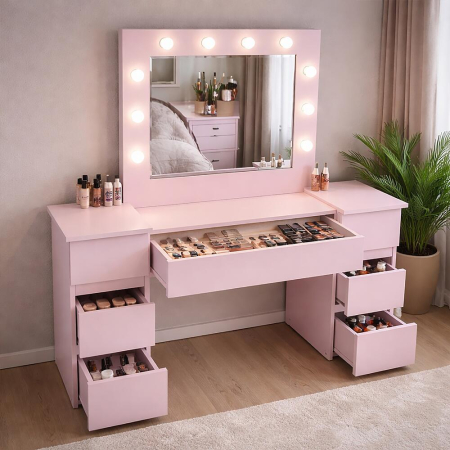 Masa de toaleta/machiaj, Antonia, roz, cu oglinda si LED-uri, 155x41x137 cm [2]