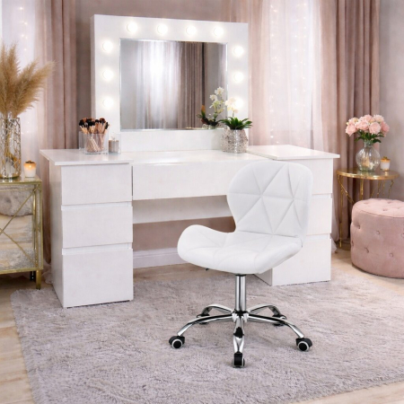 Mese de machiaj - Masa de toaleta/machiaj, Antonia + scaun Avola, alb, cu oglinda si LED-uri, 155x42x135 cm