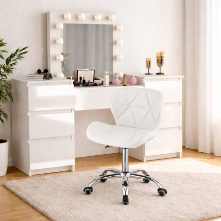 Mese de machiaj - Masa de toaleta/machiaj, Antonia, sertare lucioase + scaun Avola, alb, cu oglinda si LED-uri, 155x42x135 cm