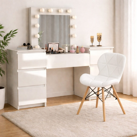 Mese de machiaj - Masa de toaleta/machiaj, Antonia, sertare lucioase + scaun Lago, alb, cu oglinda si LED-uri, 155x42x135 cm