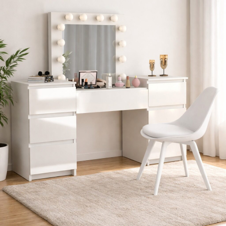 Mese de machiaj - Masa de toaleta/machiaj, Antonia, sertare lucioase + scaun Mark, alb, cu oglinda si LED-uri, 155x42x135 cm