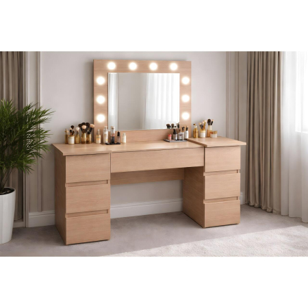 Masa de toaleta/machiaj, Antonia, stejar, cu oglinda si LED-uri, 155x42x135 cm [1]