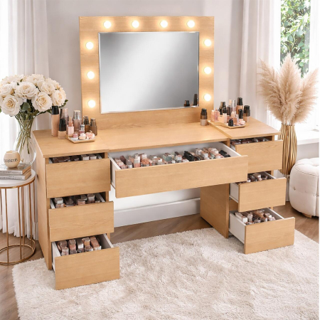Masa de toaleta/machiaj, Antonia, stejar, cu oglinda si LED-uri, 155x42x135 cm [3]