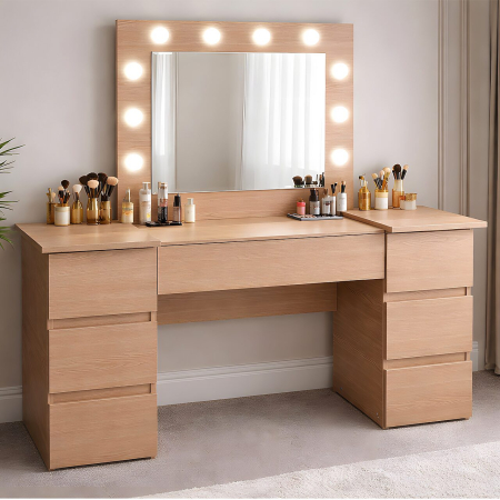 Mese de machiaj - Masa de toaleta/machiaj, Antonia, stejar, cu oglinda si LED-uri, 155x42x135 cm
