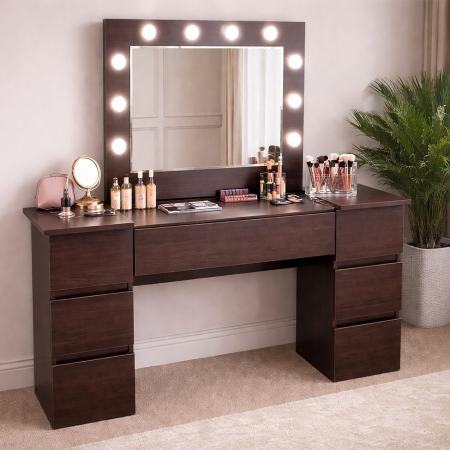 Mese de machiaj - Masa de toaleta/machiaj, Antonia, wenge, cu oglinda si LED-uri, 155x42x135 cm