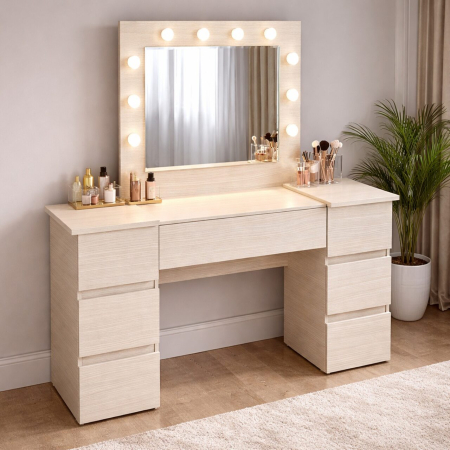 Mese de machiaj - Masa de toaleta/machiaj, Antonia, zebrano, cu oglinda si LED-uri, 155x42x135 cm