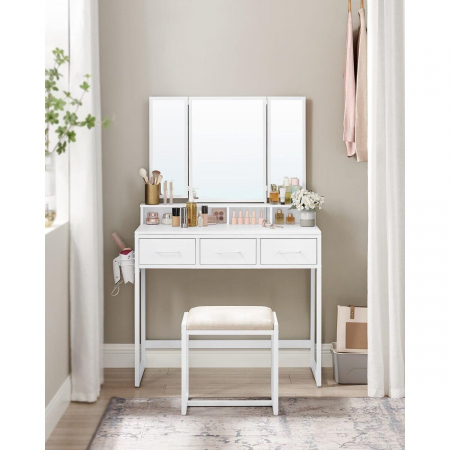 Masa de toaleta/machiaj, Artool, alba, cu 3 oglinzi, taburet, 3 sertare, 90x40x141 cm [1]