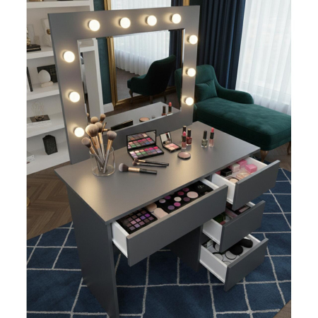 Masa de toaleta/machiaj, Irina, antracit, cu oglinda si LED-uri, 94x43x141 cm [2]