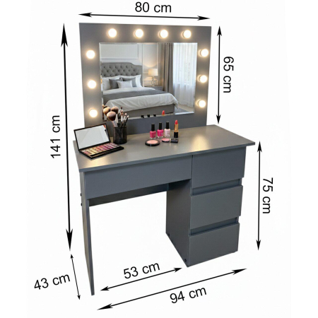Masa de toaleta/machiaj, Irina, antracit, cu oglinda si LED-uri, 94x43x141 cm [4]