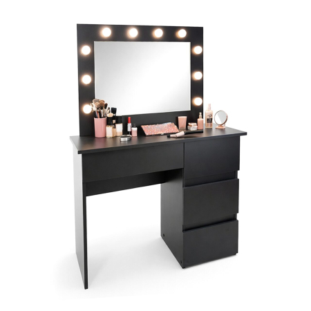 Mese de machiaj - Masa de toaleta/machiaj, Irina, negru, cu oglinda si LED-uri, 94x43x141 cm