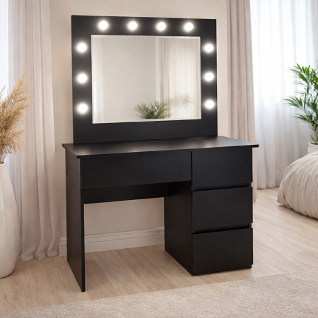 Mese de machiaj - Masa de toaleta/machiaj, Irina, negru, cu oglinda si LED-uri, 94x43x141 cm