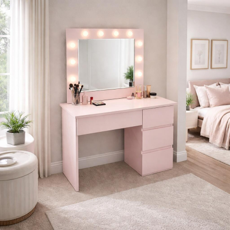 Masa de toaleta/machiaj, Irina, roz, cu oglinda si LED-uri, 94x43x141 cm [2]