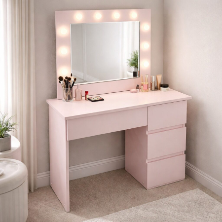 Mese de machiaj - Masa de toaleta/machiaj, Irina, roz, cu oglinda si LED-uri, 94x43x141 cm