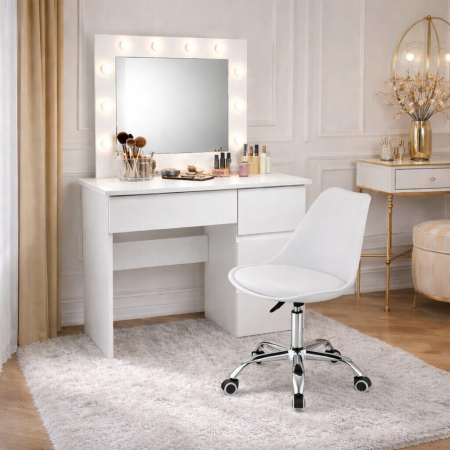 Mese de machiaj - Masa de toaleta/machiaj, Irina + scaun Alba, alb, cu oglinda si LED-uri, 94x43x141 cm