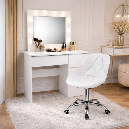 Mese de machiaj - Masa de toaleta/machiaj, Irina + scaun Avola, alb, cu oglinda si LED-uri, 94x43x141 cm