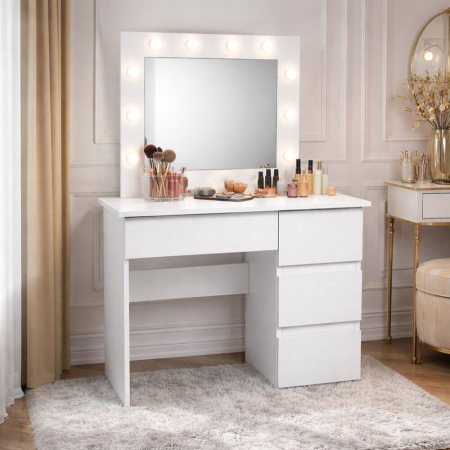 Masa de toaleta/machiaj, Irina + scaun Avola, alb, cu oglinda si LED-uri, 94x43x141 cm [11]