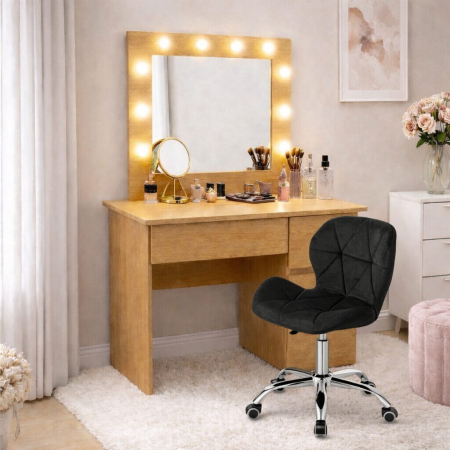 Mese de machiaj - Masa de toaleta/machiaj, Irina, stejar + scaun Avola, negru, cu oglinda si LED-uri, 94x43x141 cm