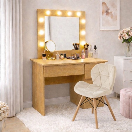 Mese de machiaj - Masa de toaleta/machiaj, Irina, stejar + scaun Lago, bej, cu oglinda si LED-uri, 94x43x141 cm