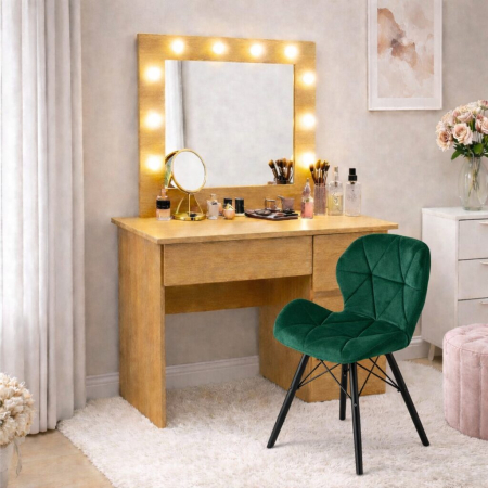 Mese de machiaj - Masa de toaleta/machiaj, Irina, stejar + scaun Lago, verde, cu oglinda si LED-uri, 94x43x141 cm