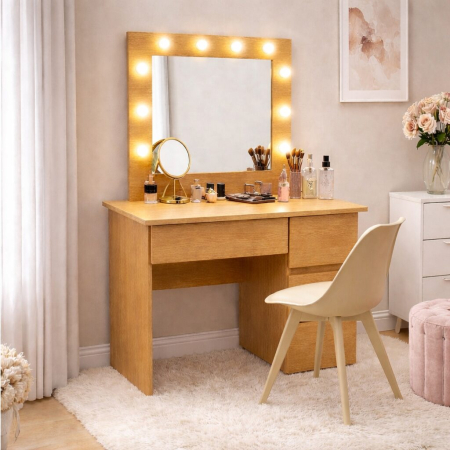 Mese de machiaj - Masa de toaleta/machiaj, Irina, stejar + scaun Mark, bej, cu oglinda si LED-uri, 94x43x141 cm