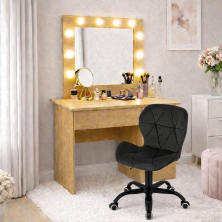 Mese de machiaj - Masa de toaleta/machiaj, Irina, stejar + scaun Noto, negru, cu oglinda si LED-uri, 94x43x141 cm