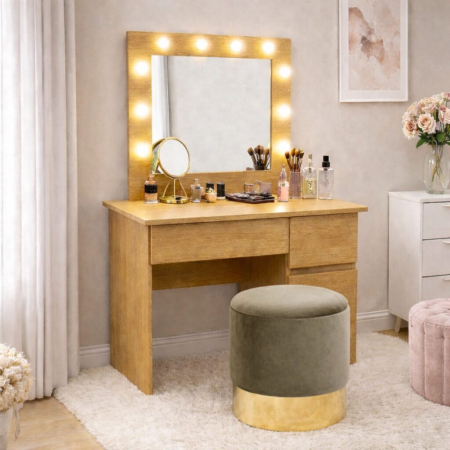 Mese de machiaj - Masa de toaleta/machiaj, Irina, stejar + taburet, bej, cu oglinda si LED-uri, 94x43x141 cm