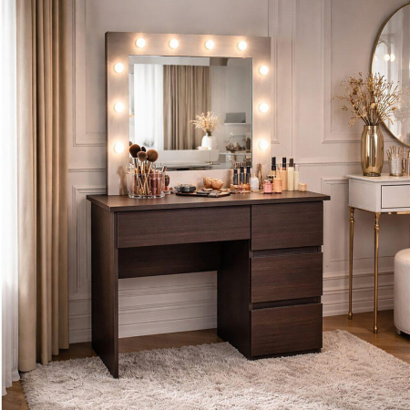Masa de toaleta/machiaj, Irina, wenge + scaun Andria, negru, cu oglinda si LED-uri, 94x43x141 cm [9]