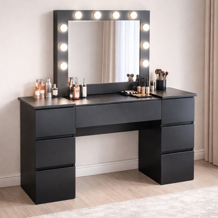 Mese de machiaj - Masa de toaleta/machiaj, negru, cu oglinda si LED-uri, Antonia, 155x42x135 cm
