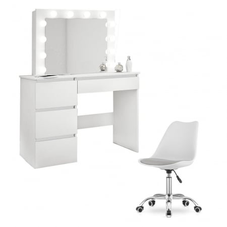 Mese de machiaj - Masa de toaleta/machiaj + scaun Alba, alb, cu oglinda si LED-uri, Irina, 94x43x141 cm