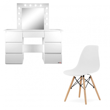 Mese de machiaj - Masa de toaleta/machiaj + Scaun stil scandinav, alba, cu oglinda si LED-uri, Vanessa, 130x43x143 cm